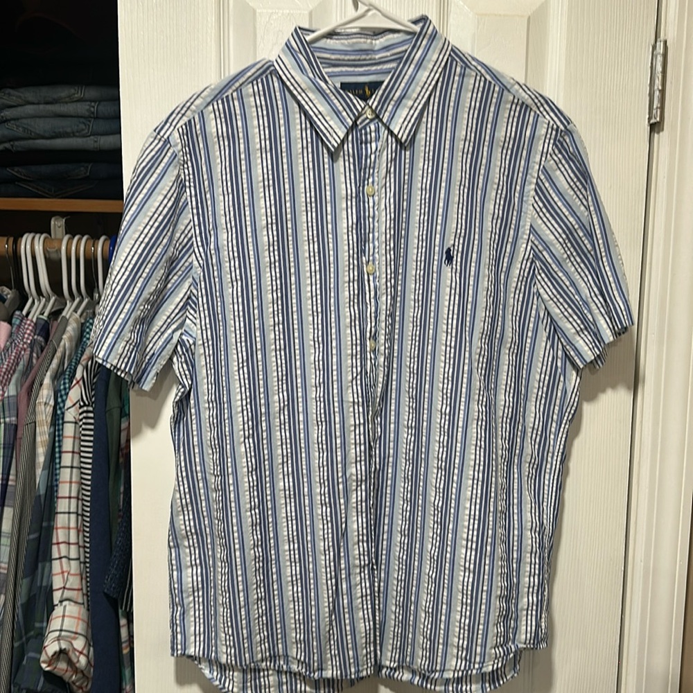 Large button down blue short sleeve polo Ralph Lauren shirt